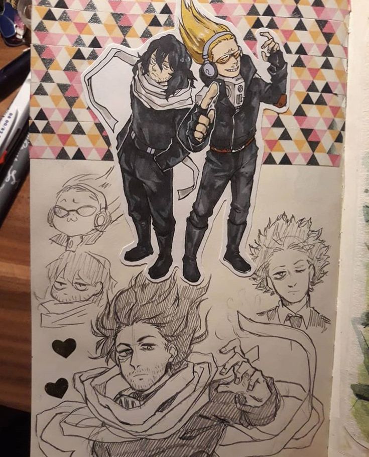 the image is a collection of fan art sketches and doodles based on characters from the popular anime and manga series, my hero academia (mha).  the most prominent features are stylized drawings of  shouto todoroki and denki kaminari,  who are prominently displayed as cutouts, seemingly from a separate piece of paper and pasted into a scrapbook or art journal.  smaller sketches of other characters, including what appears to be hitoshi shinso, are included around them. the artwork combines ink and pencil work, showing both detailed linework and more expressive, loose sketching styles.  the background of the journal page is decorated with washi tape in a geometric triangle pattern, adding to the collage aesthetic.  the overall style is expressive and informal, characteristic of fan art and personal sketchbook work. a few copic markers are also visible on the left side.