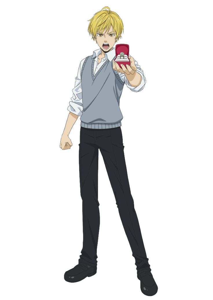 the image is of a young male anime character with blond hair, blue eyes, a white shirt, a gray vest, black pants, and black shoes. he is holding a red ring box in his right hand and has a serious expression on his face. he is standing with his legs spread apart and his arms at his sides. the background is white.