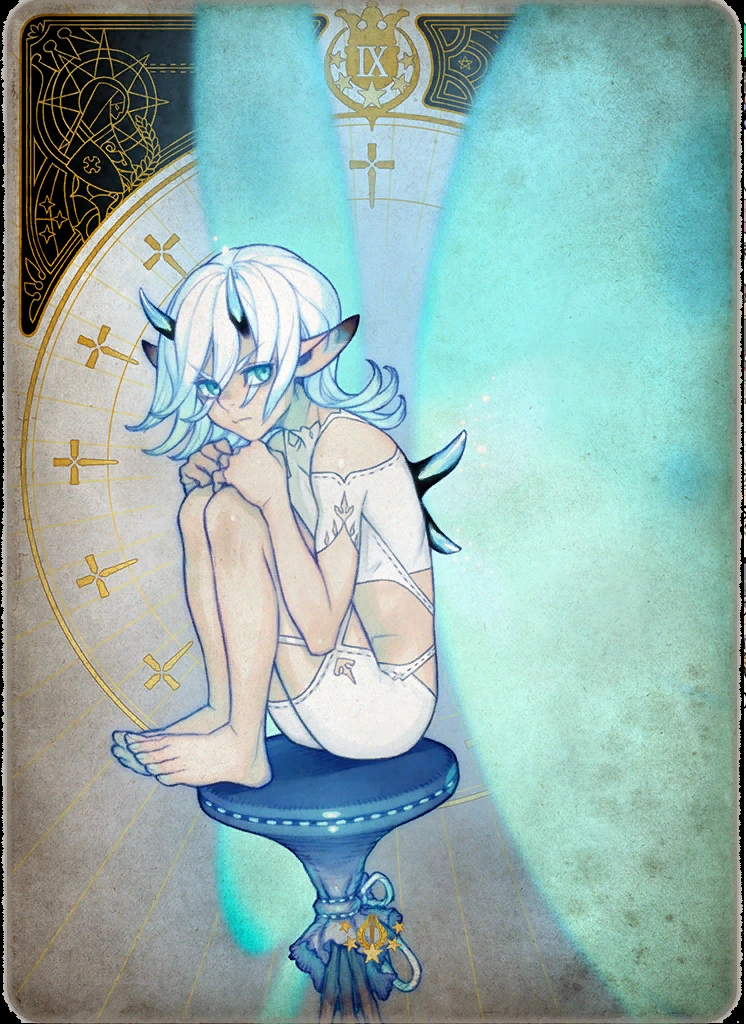 a digital drawing of a boy with white hair, blue eyes, horns, and fairy wings sitting on a stool. he is in front of a tarot card with the roman numeral ix. the art style is animeinfluenced. the color palette is pale and cooltoned.