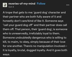a screenshot of a social media post about the "guard dog" character trope. the post discusses characters who are fiercely loyal and protective of their partners, often to the point of violence.