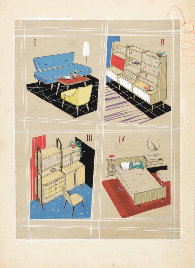 the image depicts a handdrawn illustration of four different interior designs. each design is labeled with a roman numeral and features a different style of furniture and decor. the first design shows a living room with a blue sofa, a yellow chair, and a table with a lamp. the second design shows a living room with a bookshelf, a cabinet, and a rug. the third design shows a bedroom with a bed, a nightstand, and a lamp. the fourth design shows a living room with a sofa, a table, and a lamp. the illustration is drawn in a vintage style with a retro color palette.