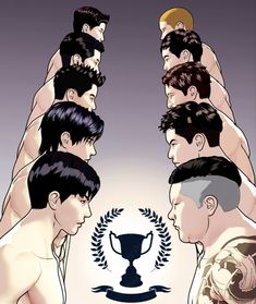 a stylized illustration depicts two groups of muscular men facing each other, their expressions intense and focused.  the men's physiques are prominently displayed, emphasizing their strength.  between them, a laurel wreath encircles a trophy, suggesting an impending competition or tournament where only one group will emerge victorious.  the art style is reminiscent of manga or anime, with sharp lines and exaggerated features that heighten the drama of the scene.  the color palette is muted, further intensifying the mood of rivalry and anticipation.
