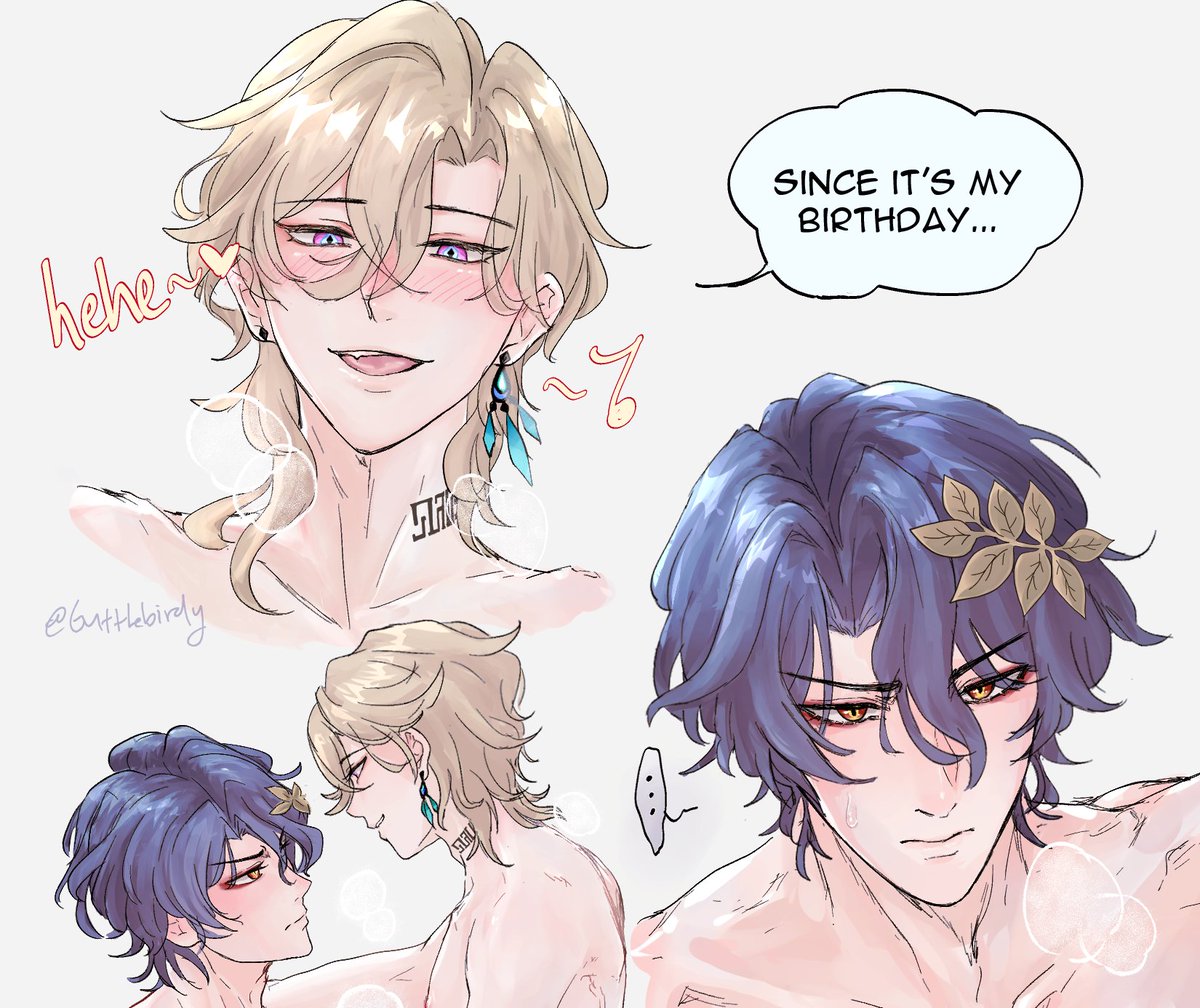 he image is a collection of soft, romantictoned illustrations featuring several animestyle male characters. the art style is soft and delicate, using light pastel colors and smooth lines.  the main focus is on two characters:  one with long blonde hair, who has a blushing expression and is possibly celebrating a birthday (indicated by a speech bubble), and another with blue hair adorned with leafshaped hair accessories. the blondehaired character is seen in multiple panels, with one showing him shirtless, suggesting a bath or shower scene.   other panels include closeups of these characters and a smaller panel showing what may be a tender interaction between the two.  the overall mood of the artwork is cheerful, flirty, and suggestive of a close relationship. the art style is reminiscent of shoujo manga and fan art found online.