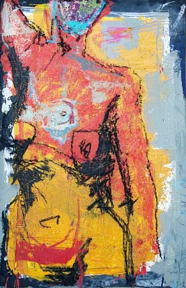 this abstract painting depicts a human figure, primarily focusing on the torso and upper body. the figure is rendered in bold brushstrokes, creating a dynamic and expressive composition. the colors are vibrant and bold, with reds, yellows, blacks, whites, blues, greens, and greys layering upon one another. the overall effect is a sense of movement and energy, reflecting the artist's personal style. the work exhibits a contemporary aesthetic and engages the viewer with its abstract form and intense color palette.
