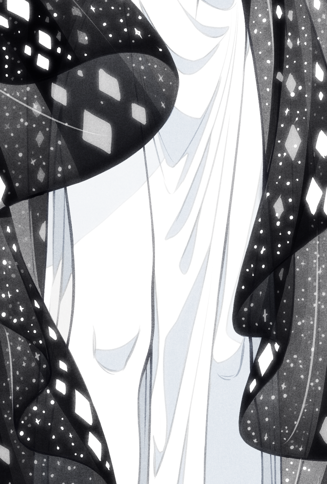 a closeup black and white illustration focusing on the midsection of a person wearing a white dress partially covered by a sheer black fabric. the fabric has a pattern of white squares resembling sparkling stars and creates a sense of elegance and movement.