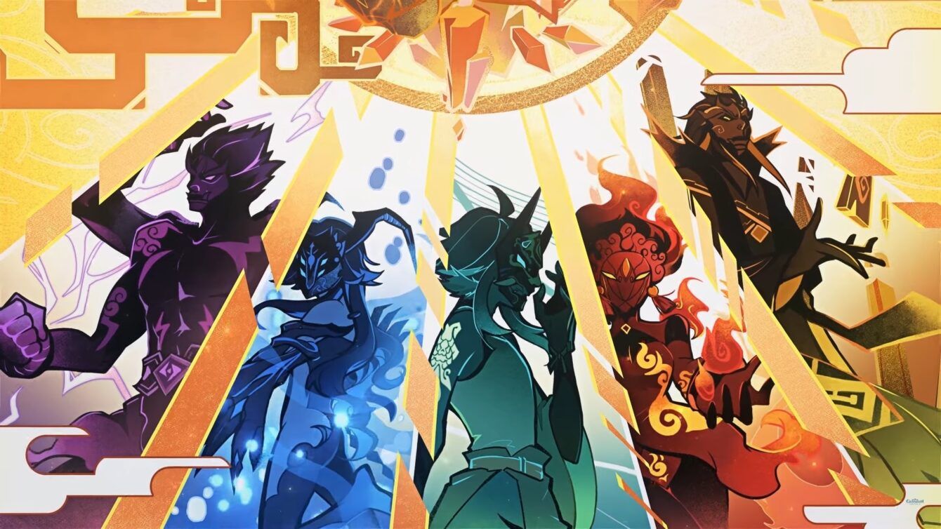 this digital illustration depicts five warriors, each representing a different element, standing together against a radiant golden background.  the warrior on the left is a powerful, thundercharged figure, their body crackling with electricity.  in the center, a water mage stands ready to unleash their power, surrounded by swirling blue energy.  to their right, a wind warrior wields a staff, their green body and clothing adorned with swirling patterns.  on the far right, a fire mage, their red body consumed by flames, prepares to unleash their fiery energy.  finally, the leader, a shadow warrior, stands tall, their dark body casting a shadow over the group, their powerful presence commanding attention. the image evokes a sense of power, teamwork, and a battle against a greater force.