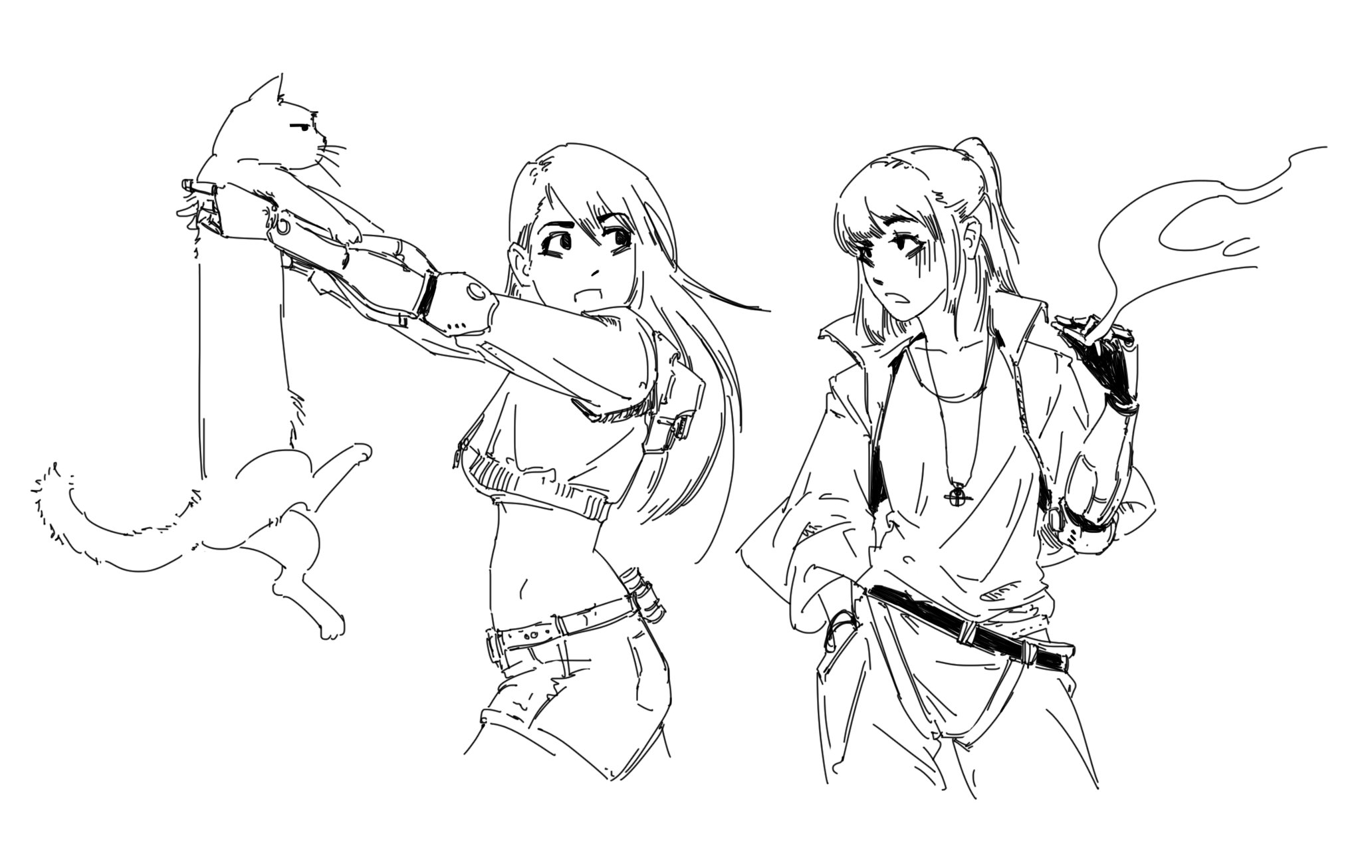 the image contains two sketches of animestyle girls.  one girl is holding a cat with what appears to be a robotic arm. the other girl is smoking.  both are drawn in a loose, sketchy style with black ink lines on a white background. the style is suggestive of cyberpunk or futuristic fashion.