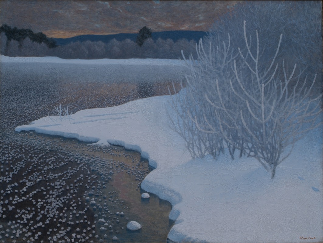 the image is a painting of a winter landscape with a body of water, likely a river or lake, taking up a significant portion of the scene. the water is dark and speckled with white, possibly representing ice or snow reflecting light. a snowcovered shoreline curves in the lower portion of the image, leading to a bank covered in snow and small trees or bushes with bare, lightcolored branches. in the background, a line of trees sits against a dark sky with hints of sunset colors. the overall mood is cold, serene, and indicative of a winter's evening. the artwork is signed "g. svistula" in the lower right corner.
