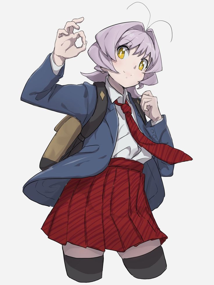 the image is a digital drawing of an animestyle schoolgirl. she has short, light purple hair, yellow eyes, and is wearing a blue blazer, white shirt, red pleated skirt, and a red tie. she's carrying a brown backpack and is making an "okay" gesture with one hand. the style is casual and slightly playful. the artwork is done in a style reminiscent of manga and anime illustrations.