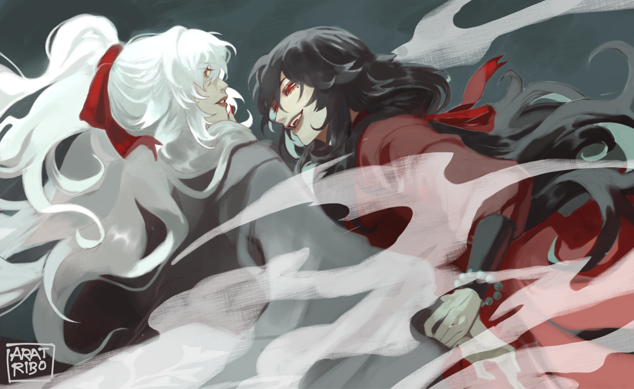 the image is an animestyle illustration of two women in a fight. the woman on the left has long, flowing white hair and is wearing a dark outfit. she has a red ribbon in her hair. the woman on the right has long black hair, red eyes, and is wearing a red outfit. both women are holding swords and appear to be in a fierce battle. the background is dark, with hints of smoke and light. the image evokes a sense of mystery and danger.
