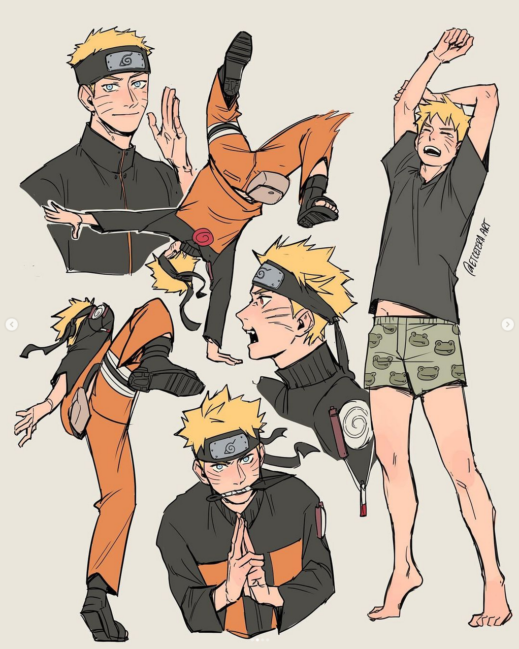 the image is a digital fanart sketch of the character naruto uzumaki from the anime and manga naruto. the character is drawn in various poses wearing his iconic orange jumpsuit, black shirt, and blue sandals. there's also a drawing of naruto in pajamas with frogs on them.  the overall style of the image is line art with minimal shading.