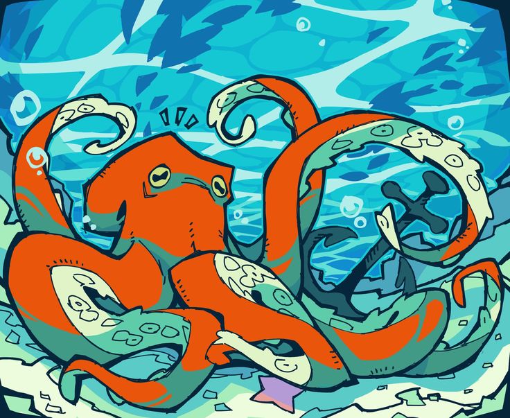 the image is a vibrant, cartoonstyle illustration of an orange octopus in an underwater setting. the octopus is depicted with exaggerated features and playful expressions, its tentacles playfully wrapping around an anchor. the background showcases a stylized ocean with hints of coral and a starfish adding to the whimsical underwater scene. the overall style is bold and colorful, typical of graphic art or digital illustration.