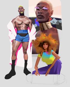 the image is a digital illustration of three figures. the central figure is a bald person with dark skin wearing large, round glasses and a gold choker. the figure on the left is a muscular man with short blonde hair and dark skin, wearing blue shorts, black socks and shoes, and a white, longsleeved, open jacket. the figure on the right has dark skin and large, curly, orange hair, wearing a rainbow crop top, purple pants, and white shoes. the figures are arranged in a collage style, with the central figure partially overlapping the other two. the background is a light gray.