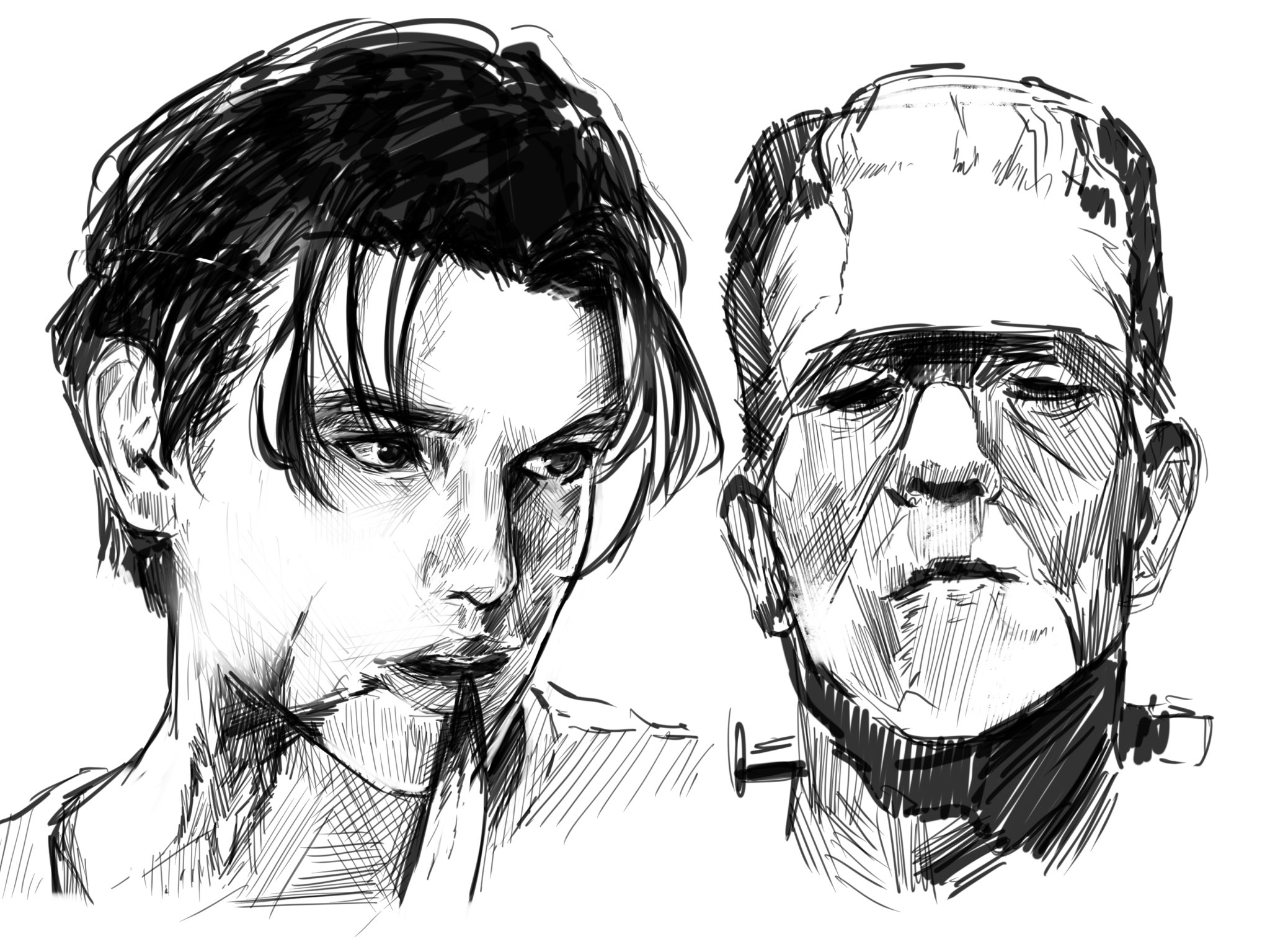 the image shows two black and white sketches drawn in a sketchy style. on the left is a portrait of a young man with sharp features and dark hair. on the right is a portrait of frankenstein's monster with a stern expression.