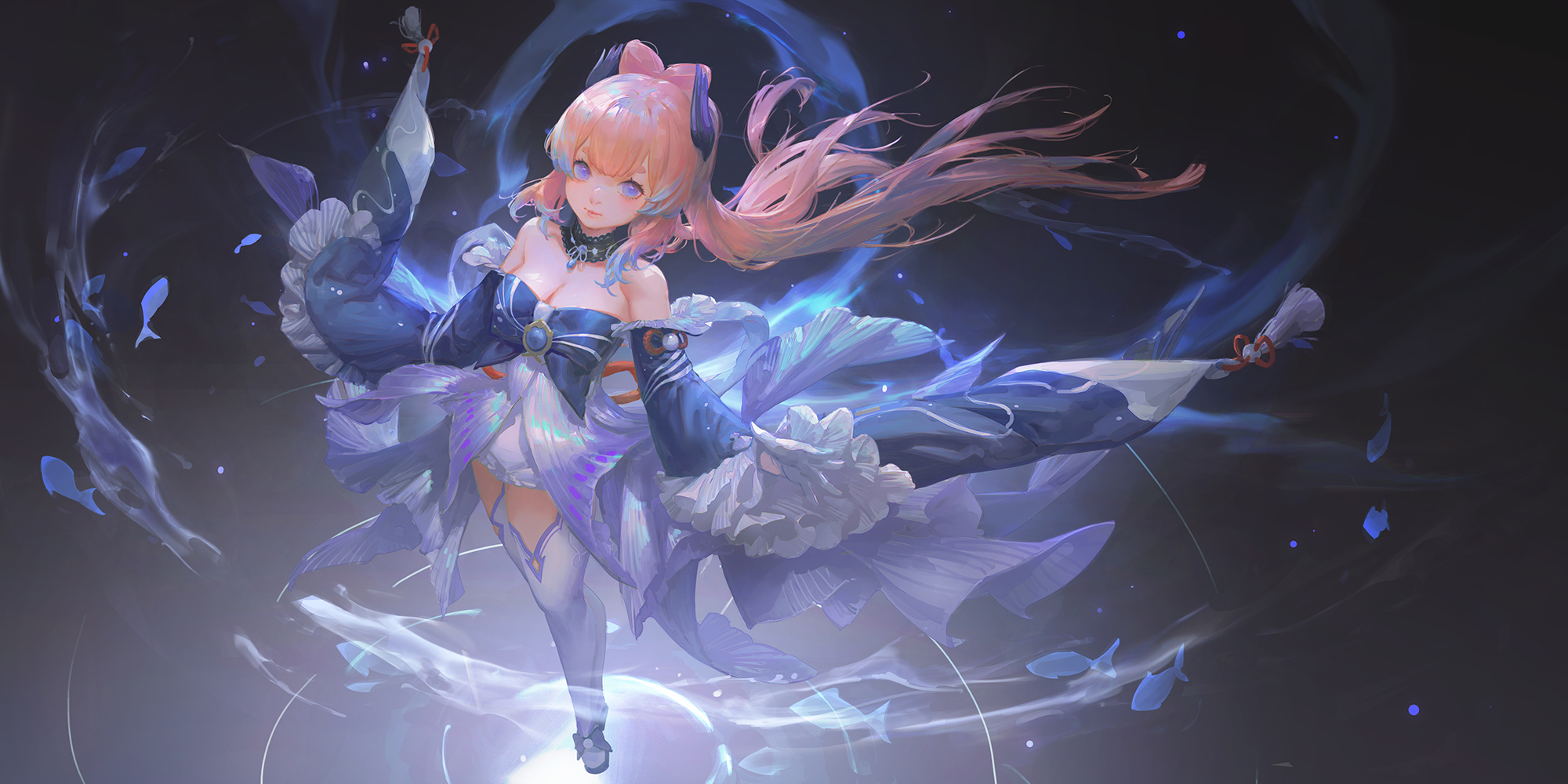 he image is a digital painting of an anime girl with long pink hair wearing a flowing blue and white dress.  she appears to be floating in water, surrounded by small blue fish and ethereal light effects. her expression is serene and peaceful. the overall style is whimsical and dreamy, with a focus on vibrant colors and delicate details. the background is dark, providing a strong contrast to the brightly lit figure. the artist has skillfully used light and shadow to create a sense of depth and movement.