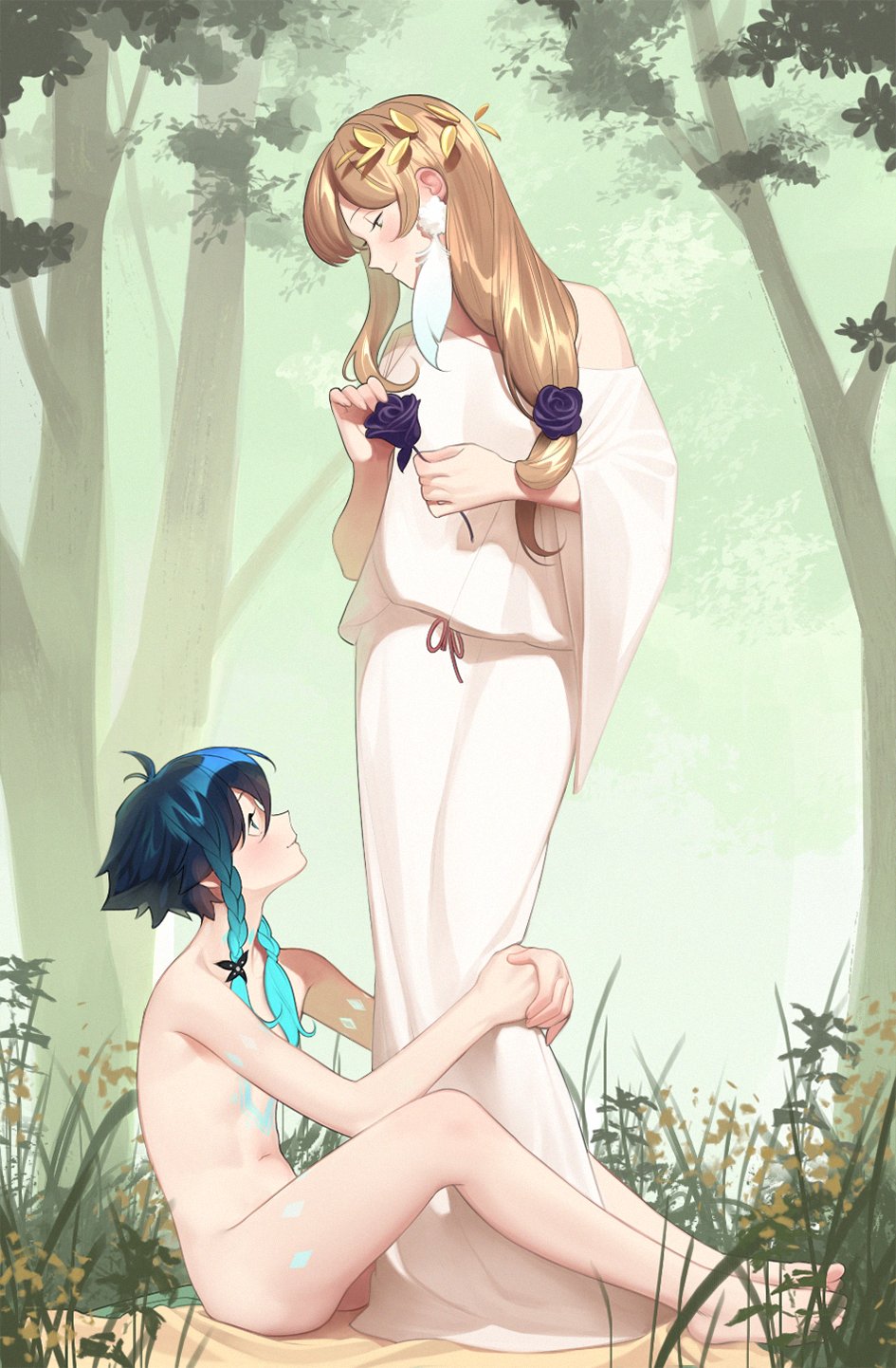 a digital drawing of a man and a woman in a forest setting. the woman, with long blonde hair adorned with leaves and flowers, stands gracefully in a flowing white dress. she gazes down tenderly at the man, who is seated on the ground before her. he is shirtless with blue hair and looks up at her with adoration in his eyes. the woman holds a dark flower, seemingly about to place it in his hair. the environment is lush and green, bathed in soft, natural light, creating an atmosphere of love and tenderness.