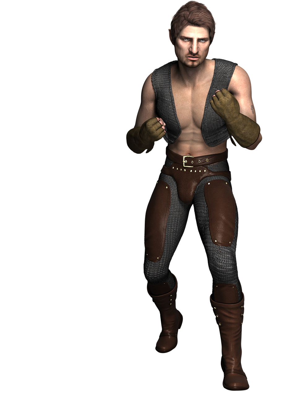 a digital art image of a man wearing a tunic, chainmail, leather and boots. he also has gloves and looks like a fighter.