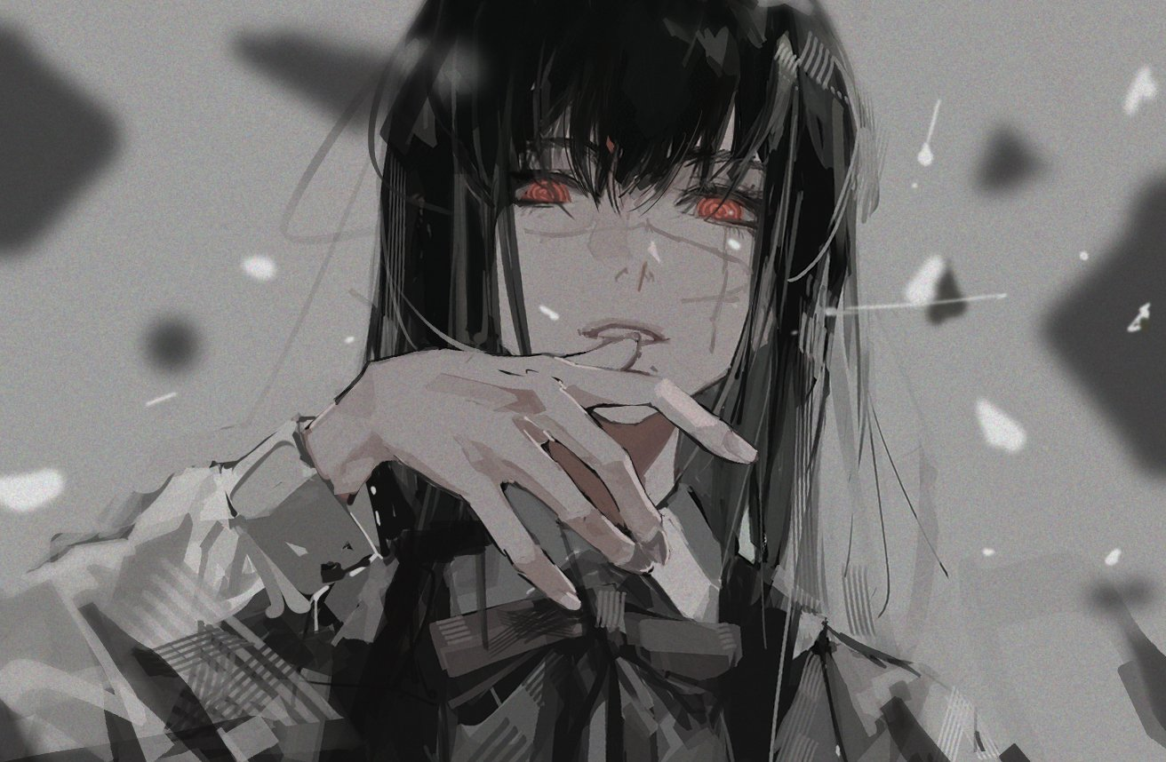 the image is a grayscale drawing of an anime girl with long black hair and piercing red eyes. she has a serious expression and a scar under her right eye. she is wearing a school uniform with a white shirt, a plaid blazer, and a black bow tie. the background is a blurry gray with some white particles. the lighting is soft and ambient, and the perspective is closeup and at eye level.