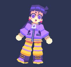 this is a pixel art depiction of a young girl character. she has purple hair with a blue headband, large white eyes, and is wearing a purple and yellow jacket with striped pants and purple boots. she appears happy and playful, with her arms outstretched. the background is a solid dark purple.