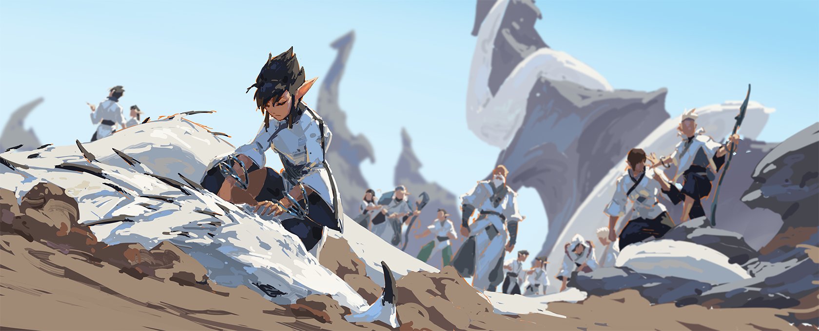the artwork depicts a scene set in a fantastical desert landscape dominated by large, oddlyshaped lightcolored rock formations.  a central figure, an elflike character with dark hair and pointed ears, is crouched down tending to what appears to be an injured or deceased creature partially buried in the sand. the elf is wearing lightcolored clothing and appears bound by a chain.  in the background, a group of people in similar attire are moving towards or away from the scene, perhaps a small army or group of travelers. the overall mood is somber and suggests a narrative of loss or hardship within a fantasy world. the art style is painterly and stylized, with a focus on color and atmosphere rather than hyperrealism, evocative of digital concept art or illustrations for a fantasy game or novel.