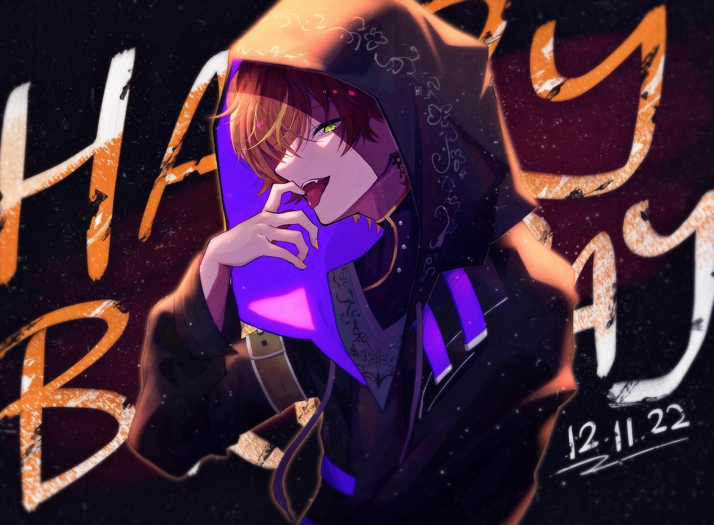 the image is a digital fanart of an animestyle male character. he has reddishbrown hair, green eyes, and is wearing a dark hooded jacket with purple accents.  the hood is lined with a bright purple, almost neon, material. he's making a sly, seductive expression, with his tongue slightly out and a hand near his mouth. the background features a stylized "happy birthday" in orange and white graffitistyle text, with the date "12.11.22" written below. the overall style is dark, mysterious, and vibrant, emphasizing the character's edgy fashion and alluring pose. the art is detailed and richly colored, creating a dynamic and visually appealing piece.