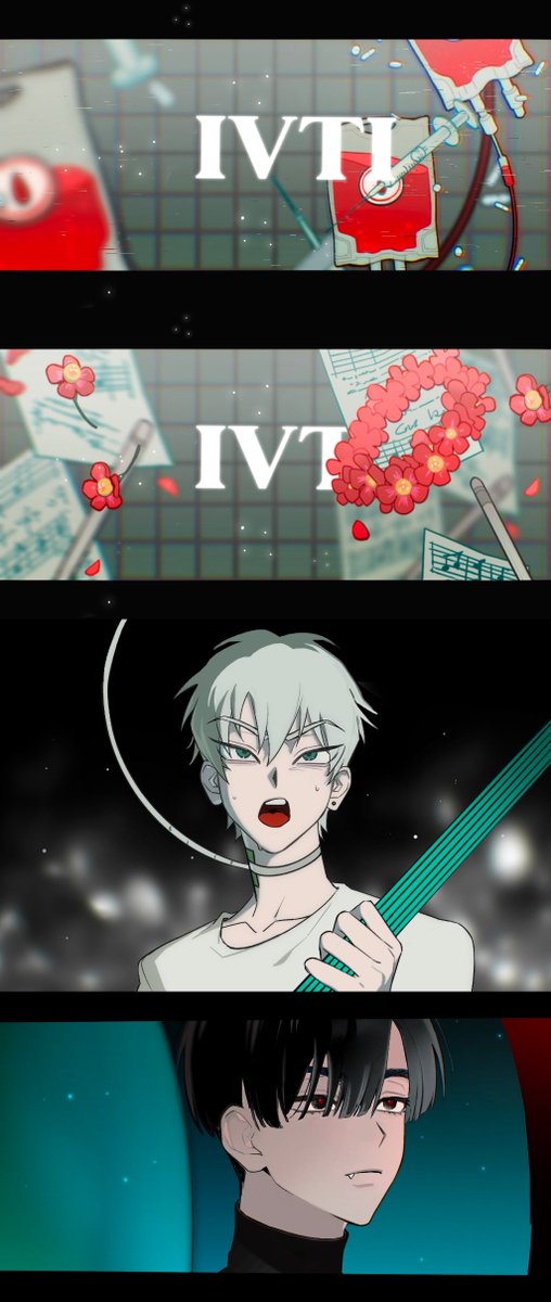 the image contains three panels. the first panel shows a red iv bag with the text ivti written on it. the second panel is a closeup of red flowers and the text ivti written on a white wall with blue tiles. the third panel is a cartoon image showing a young man playing an electric guitar. the man has white hair and is wearing a white shirt and a black necktie. he is playing in a dark room and there are bright lights in the background.