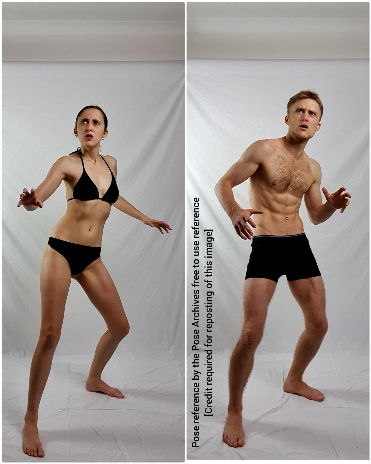 a man and a woman stand in similar poses of fear or surprise against a white background. the man is shirtless and wearing black underwear, while the woman is wearing a black bikini. they both have their mouths slightly open and their eyes wide with shock. the lighting is bright and even, typical of a studio environment. this image appears to be intended as a pose reference for artists.