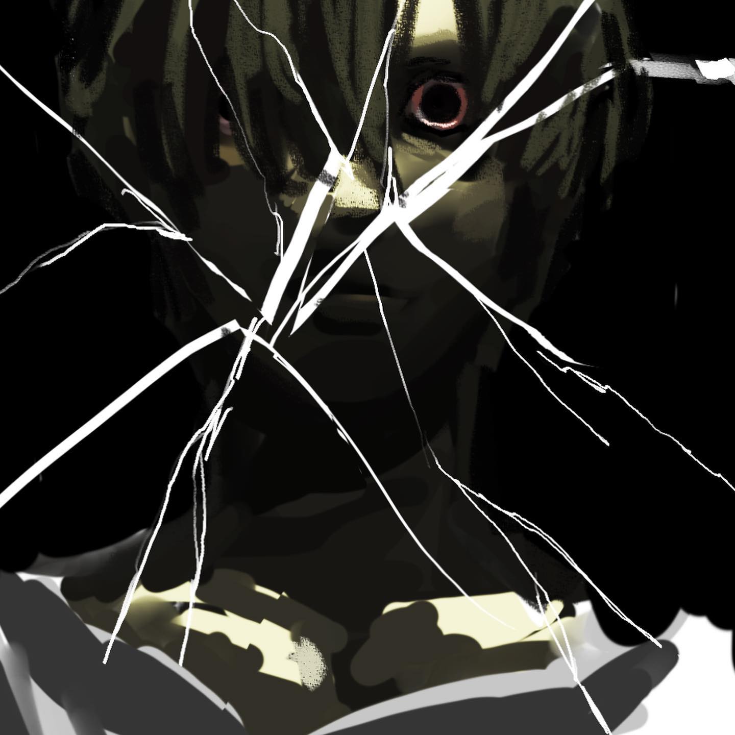 a haunting digital art piece featuring a male figure partially obscured by shattered glass. the figure's wide, red eyes stare directly at the viewer, creating an unsettling and unnerving effect. the use of chiaroscuro lighting further emphasizes the figure's features and the cracks in the glass, contributing to the overall eerie atmosphere. the shattered glass acts as both a literal and metaphorical barrier, suggesting themes of isolation, fear, and a fractured mental state.