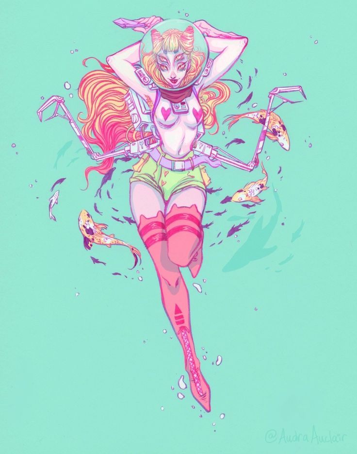this illustration is of a young woman in a futuristic, spacethemed diving suit. she has long, pink and yellow hair that's flowing around her. she's wearing a pink and white suit that's covered in details. there are a couple of fish swimming around her and her legs are bent in a weird position which makes it look like she's swimming.