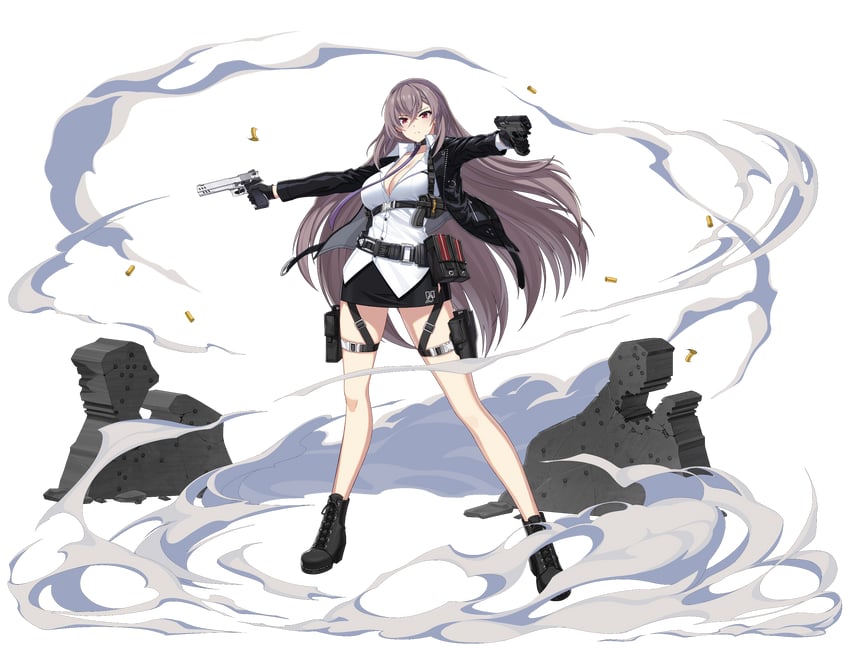 an anime girl in a black jacket and white shirt with black shorts is holding two guns. she is surrounded by smoke and bullets. she is standing in a white background. she has purple hair with dark grey and light purple streaks.