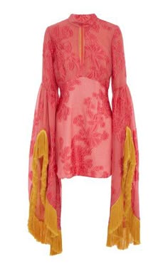 a pink dress with long floral embroidered sleeves with yellow trim and tassels.  the dress is a casual, yet slightly more formal style, perfect for a fall or winter party.  the neckline is high and the dress is fitted, making it very flattering.  the dress is made of a lightweight material and would be comfortable to wear.