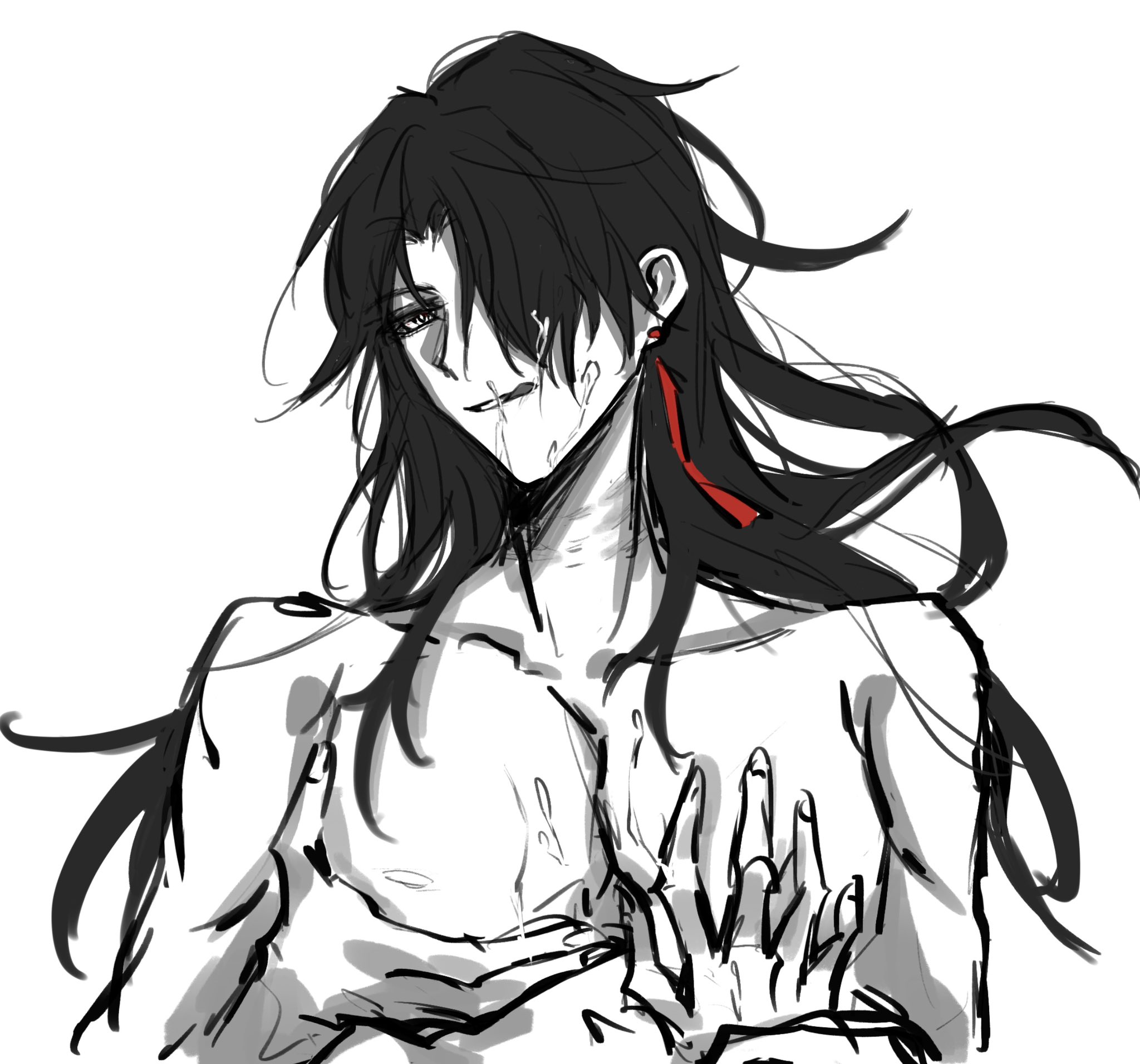 a black and white drawing of a shirtless man with long black hair. he
