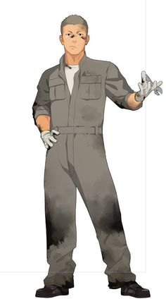 a male character with short blond hair and a scar over his right eye, dressed in a dirty, gray work jumpsuit. he's wearing white gloves on both hands and appears to be gesturing with his right hand.