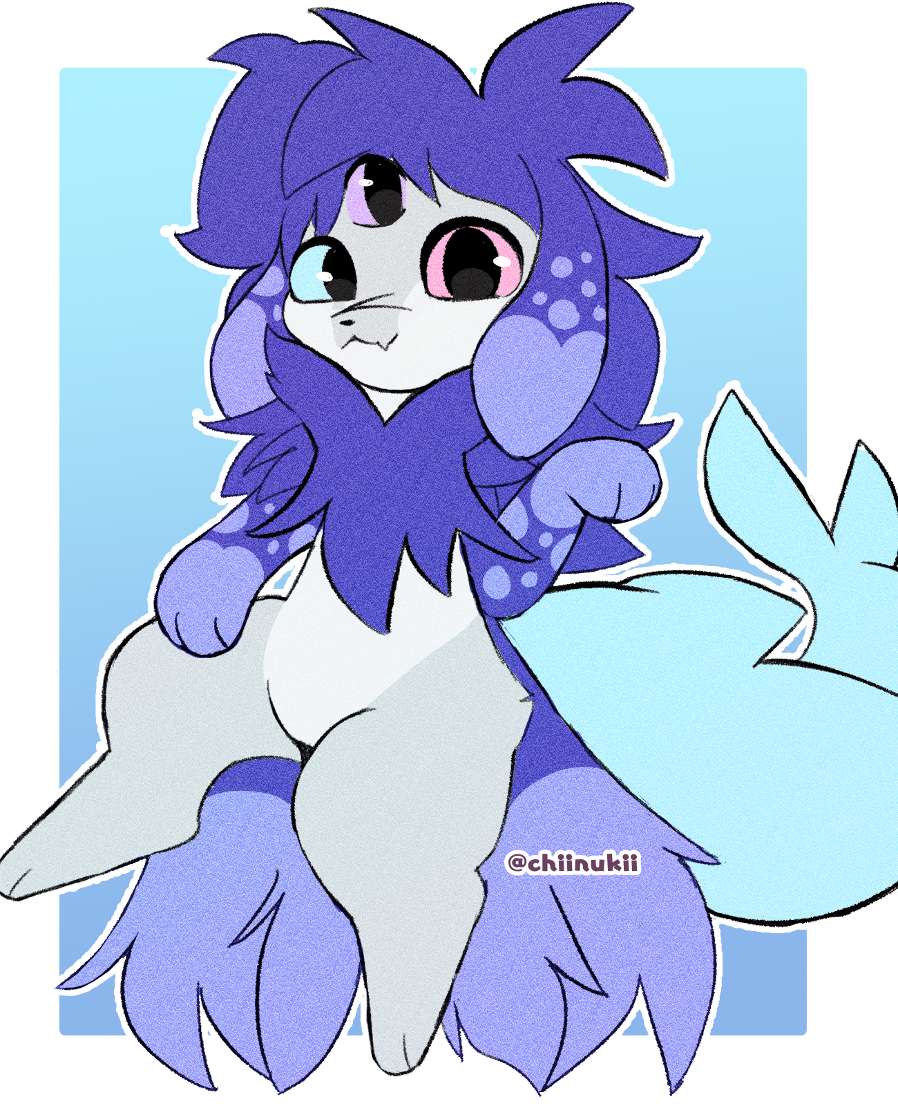 a digital illustration of a furry creature with blue and purple hair, white fur, and a pink nose. it is sitting with its legs bent and its tail tucked under. the background is a light blue.