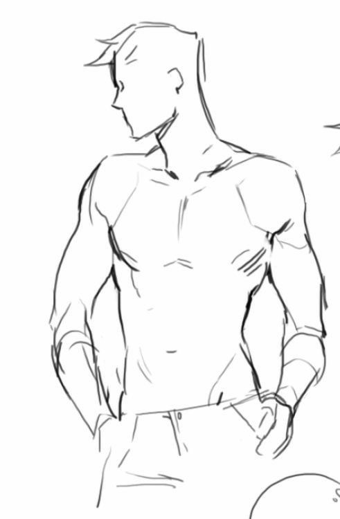 a line drawing of a shirtless man with muscular arms and abs. he is standing in a casual pose with one hand in his pocket and the other by his side. he has pants on, and the drawing is done in a simple, black and white style.