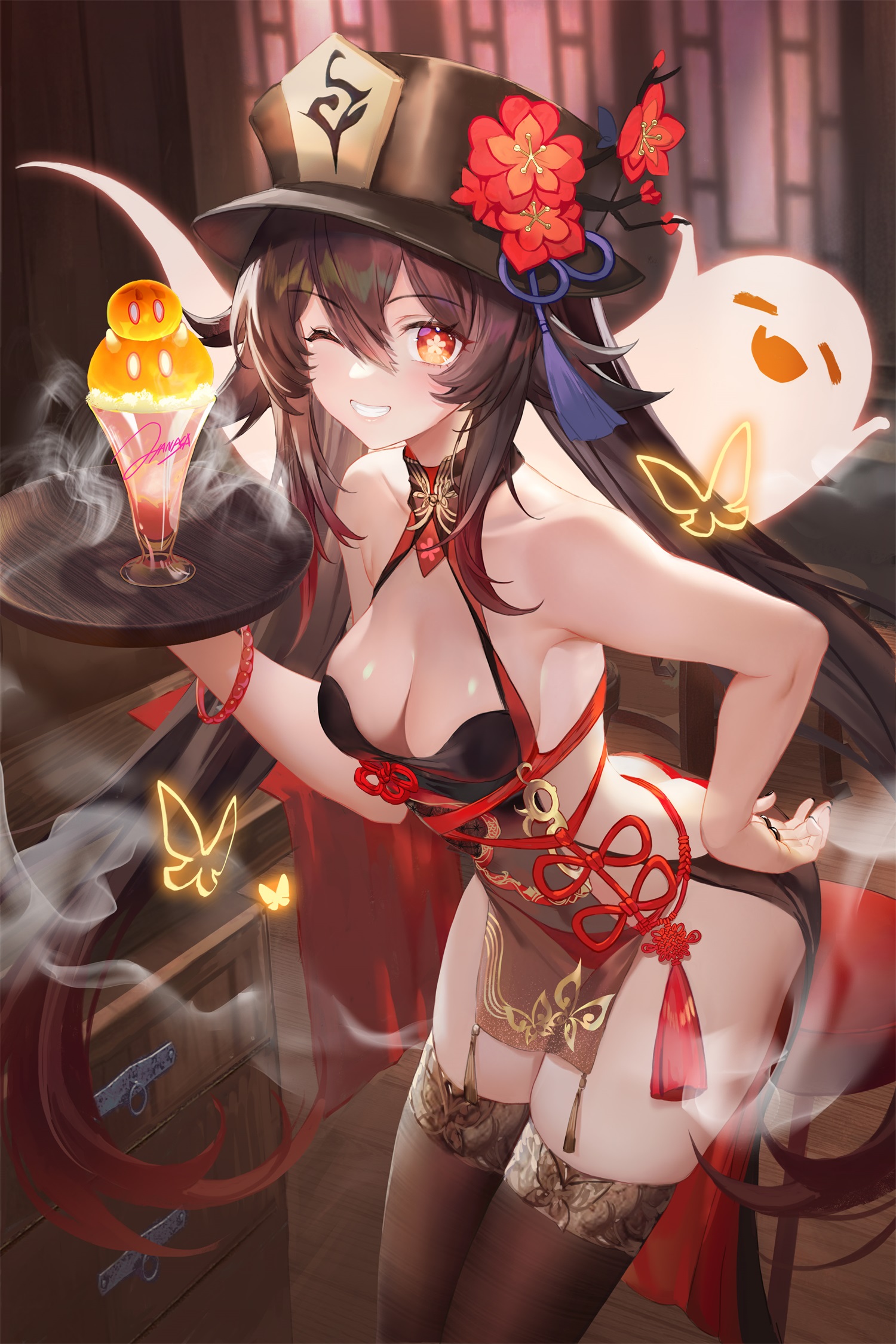 the image is a digital painting of an animestyle female character. she is dressed in a red and black qipaostyle dress, adorned with gold details and red flowers on her hat. she is serving a dessert on a tray and appears to be happy and confident. a translucent ghost is slightly visible behind her, and golden butterflies are floating around her. the background is a dimly lit room with wooden elements. the overall style is suggestive of east asian cultural elements. the girl is portrayed in a somewhat provocative manner due to the nature of her attire.
