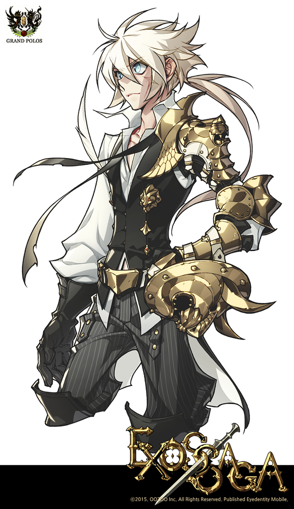 this illustration features a male anime character from the exosaga game. he has white hair, blue eyes, and is wearing white shirt, a black vest, and gray pants. he has a gold sword, gold armor, and a gold shield. the background is white with the exosaga logo and the copyright information.