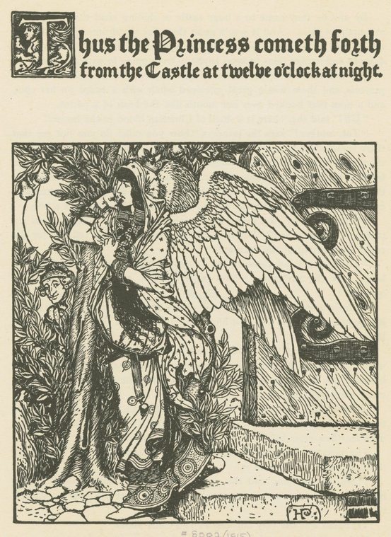 this is a blackandwhite illustration accompanying the text "thus the princess cometh forth from the castle at twelve o'clock at night." the illustration depicts a woman, presumably the princess, with large wings, standing next to a tree and a door. another figure is partly visible behind the tree. the style is reminiscent of old book illustrations and fairy tales.