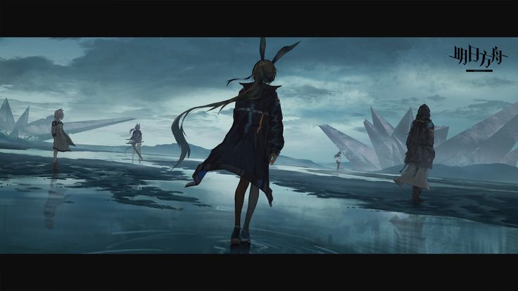 the image is a digital painting in an anime style, depicting a desolate, postapocalyptic or fantasy landscape.  several female characters, dressed in dark clothing, are walking across a flat, watery area. one of the female figures, the most prominent one, wears a dark coat and rabbit ear accessories, walking away from the viewer. the background shows large crystallike structures and a gloomy sky. the overall atmosphere is mysterious and moody.  the scene suggests a journey or a quest in a solitary setting. the style suggests that this might be concept art for a video game or novel.