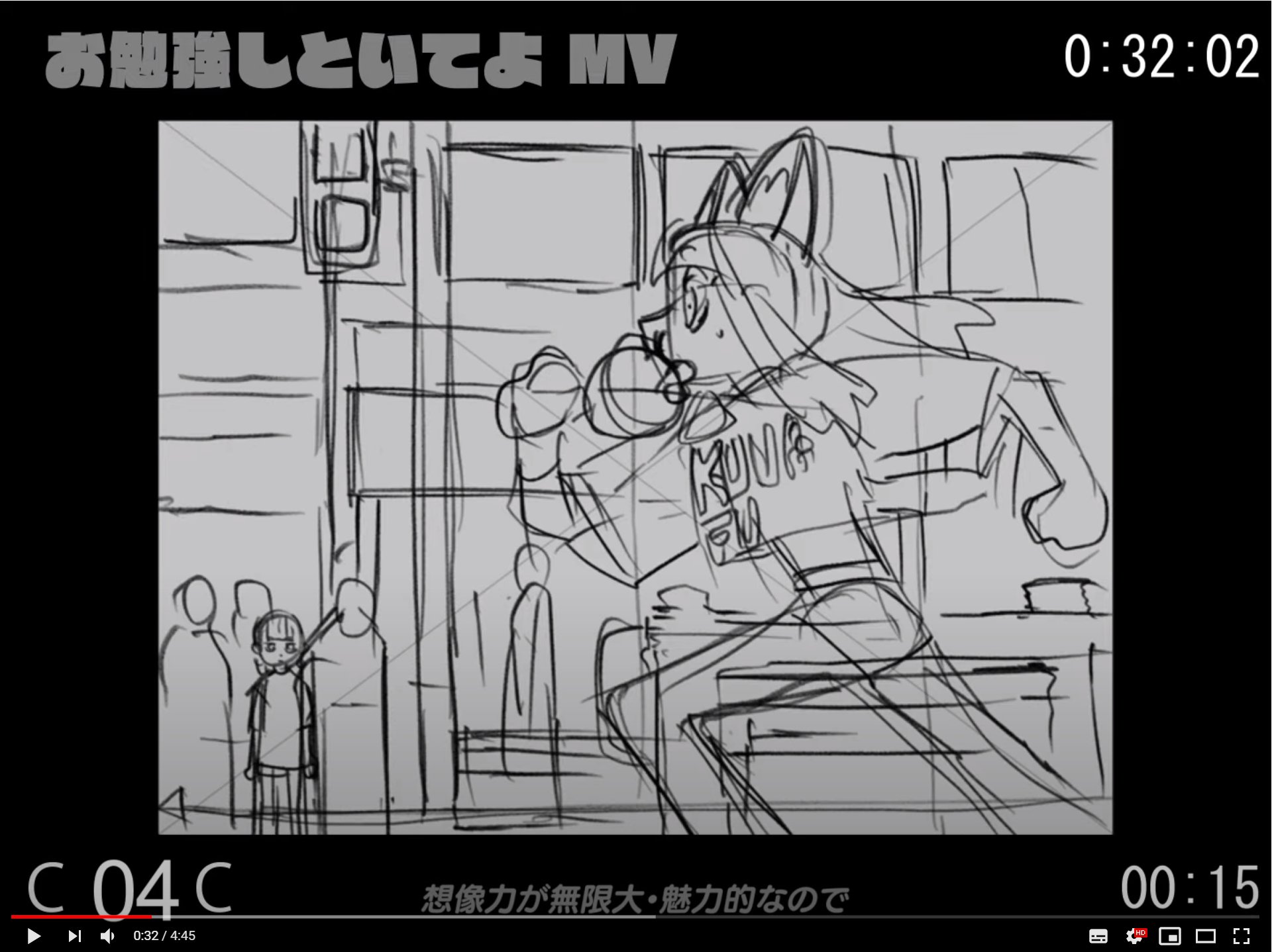 a black and white sketch storyboard of a music video featuring an anime fox girl running down a city street.```