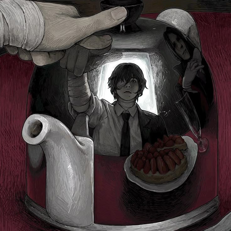 the image is a drawing depicting a man with bandages on his arm inside a teapot. he is wearing a suit and tie and looking up. next to him is a strawberry pie and a glass. on the side is a ghostly figure. a bandaged hand is holding the lid of the teapot.