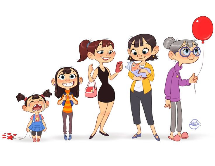 this cartoon image depicts the stages of a woman's life from childhood to old age. the first figure is a young girl with pigtails, crying with a burst balloon. next is a happy schoolgirl with a backpack. then, a confident young woman in a dress holding a mobile phone. following is a mother holding a baby in a blanket. finally, an elderly woman with gray hair holding a red balloon. each stage represents a different phase in the woman's life, showing her growth and development over time.