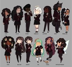 the image showcases a lineup of fourteen distinct animestyle characters, each meticulously designed with unique outfits and hairstyles. the characters, seemingly inspired by gothic and lolita fashion, are presented against a plain gray backdrop. this minimalist background accentuates the intricate details of each character. the soft lighting employed in the illustration enhances the overall visual appeal, providing a gentle illumination that highlights the characters' features.