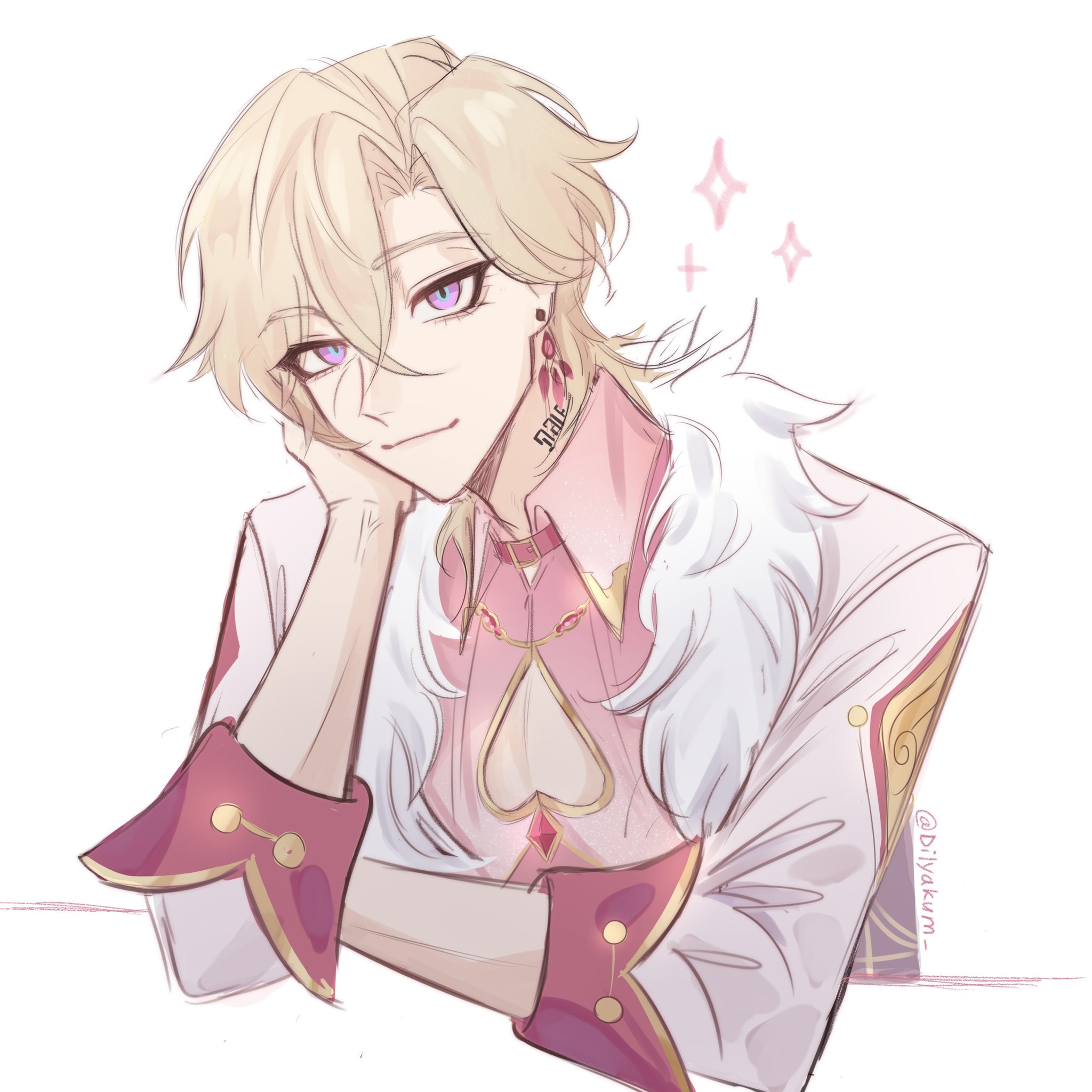 an anime illustration of a young man with blonde hair, a pink outfit, and a white jacket. he is smiling and has his hand on his chin. there are sparkles above his head, suggesting he's happy or blushing. the background is white.