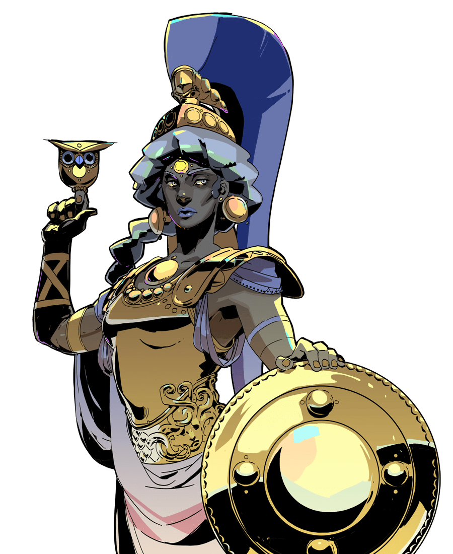 a digital illustration of a female warrior, possibly a goddess, holding a shield in one hand and a goblet with an owl perched on top in the other hand. she is adorned with golden armor and a blue helmet, with purple highlights in her hair and clothing. the background is white, allowing the figure to stand out. the illustration is in a cartoonish style with sharp lines and vibrant colors.