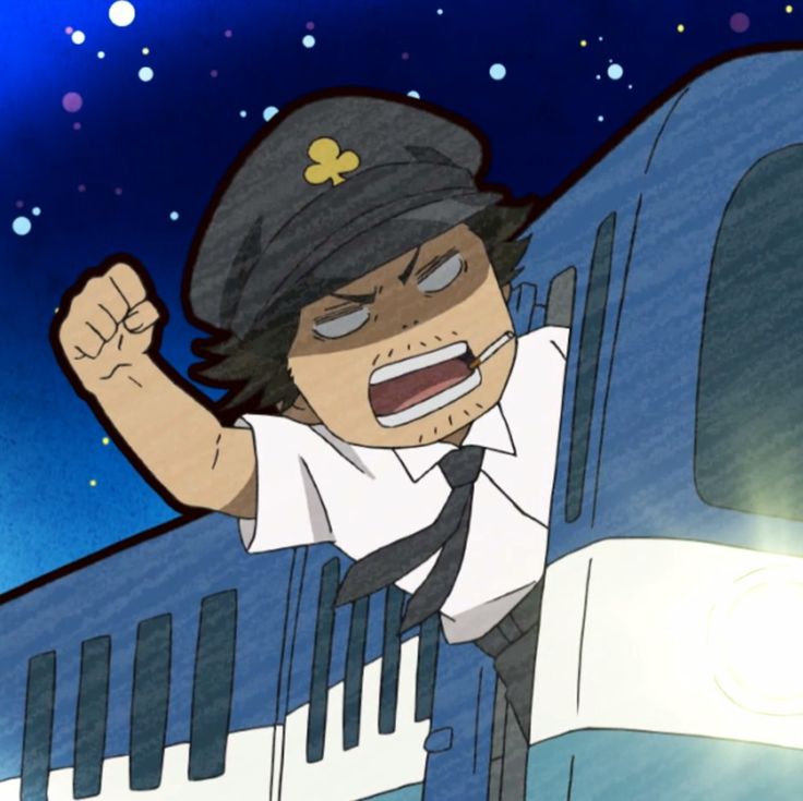 an angry anime cartoon character, a man in a conductor uniform and black cap is shouting while holding onto a train. the train is blue with black and white stripes.  there are stars in the night sky behind him.