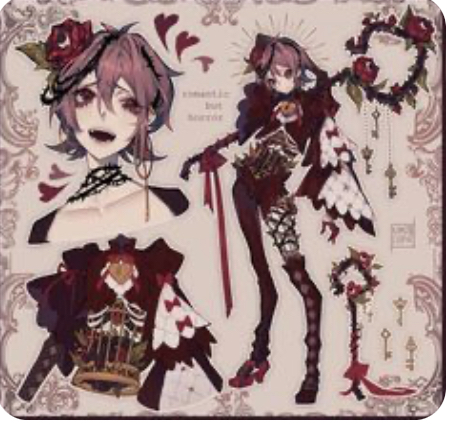 this is a colorful illustration of an anime character design. the character is a young girl with long, pink hair and striking blue eyes. she is dressed in a red and white dress with black accents. she wears a black corset with a lace collar, stockings, and boots. she also has a crown on her head with red roses and a heartshaped cage hanging from her dress. the background is a light beige color with floral designs and the image is surrounded by a pink border.