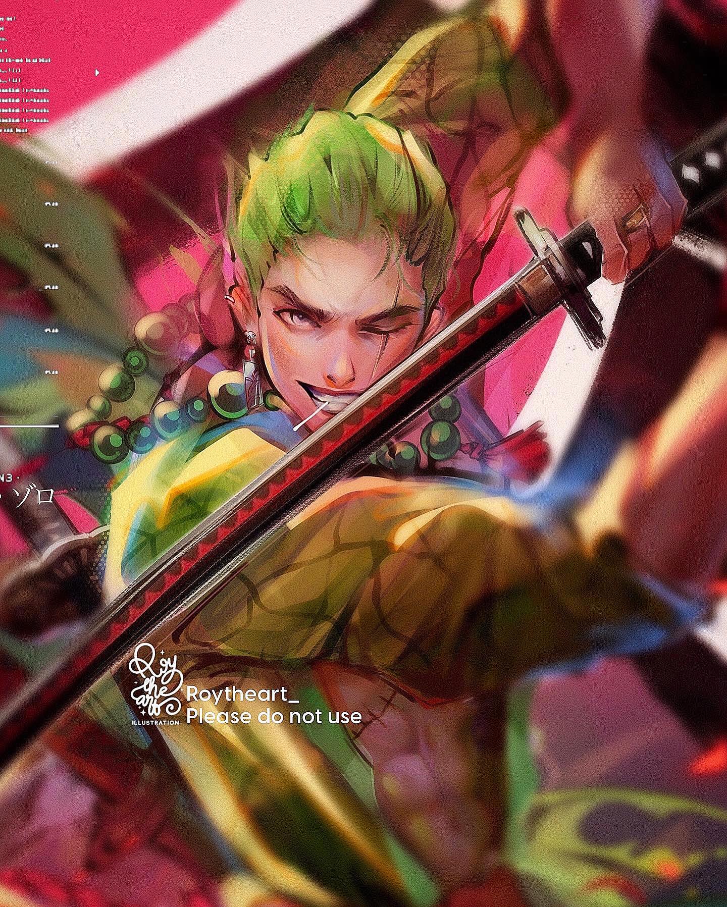 the image features a dynamic illustration of the one piece character roronoa zoro. he is depicted in an action pose, about to strike with his katana. the closeup perspective emphasizes his intense expression, highlighted by a scar over his eye and a determined smirk. his vibrant green hair and colorful attire stand out against the blurred background, which hints at a chaotic battle scene. the overall aesthetic is vibrant and energetic, capturing the essence of the character and the actionpacked world of one piece.