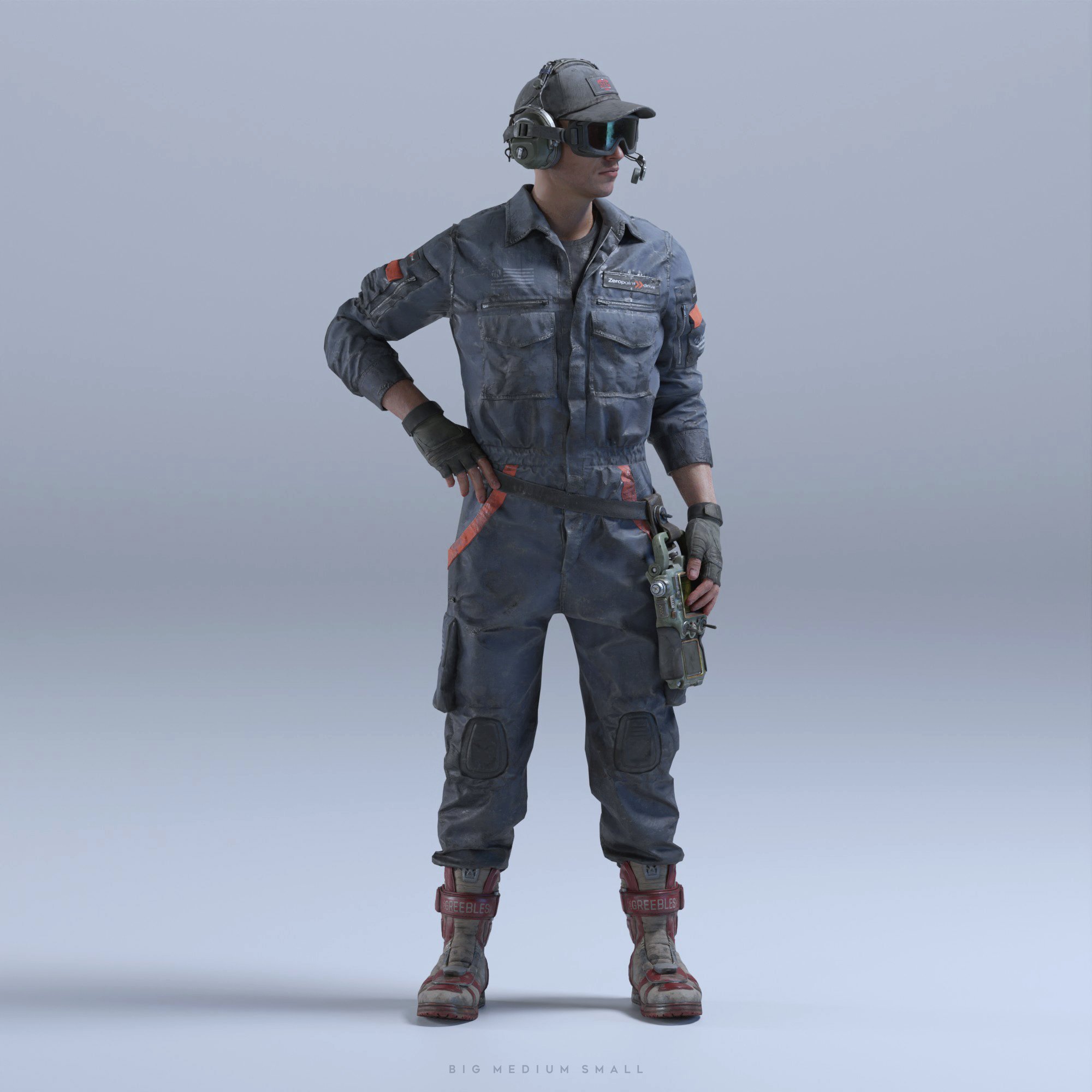 the image is a 3d rendering of a male character, seemingly a soldier or operative. he's dressed in a blue, wornout jumpsuit with orange accents and kneepads. he's wearing a tactical headset, cap, and goggles. the character holds a firearm in his right hand and stands with his hands on his hips against a plain light gray background. the boots have red accents, adding a further futuristic or tactical flair to the overall attire. the style is realistic with detailed textures, indicative of a potential game character or visual effects project. the bottom of the image includes a caption "big medium small," possibly relating to sizing or model options.