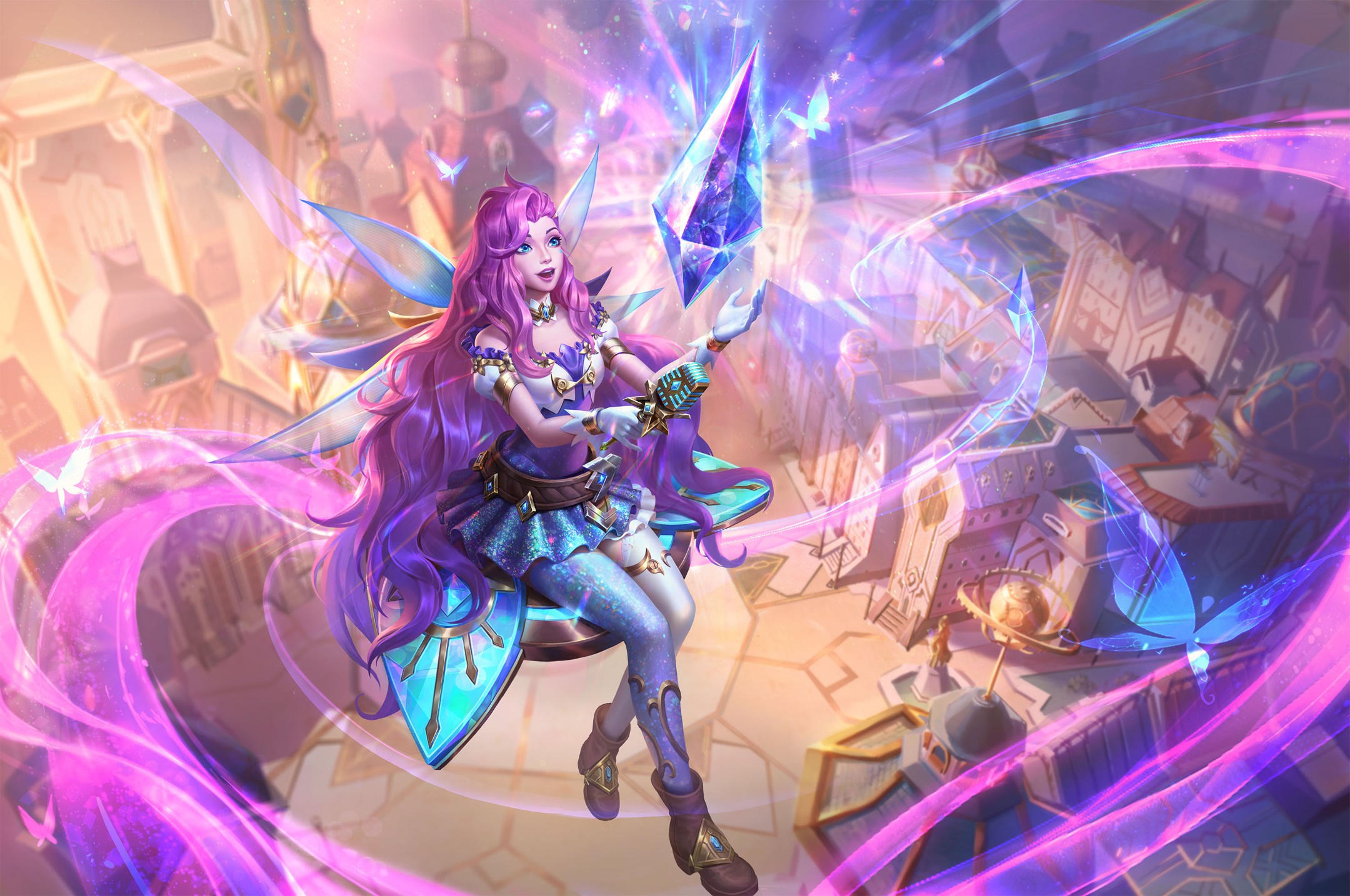 a fantasy anime girl with long pink hair and blue wings is flying in the air with a crystal in her hand. she is smiling and wearing a blue dress with a white top and blue tights. there is a light purple aura around her and the background is a colorful fantasy city.